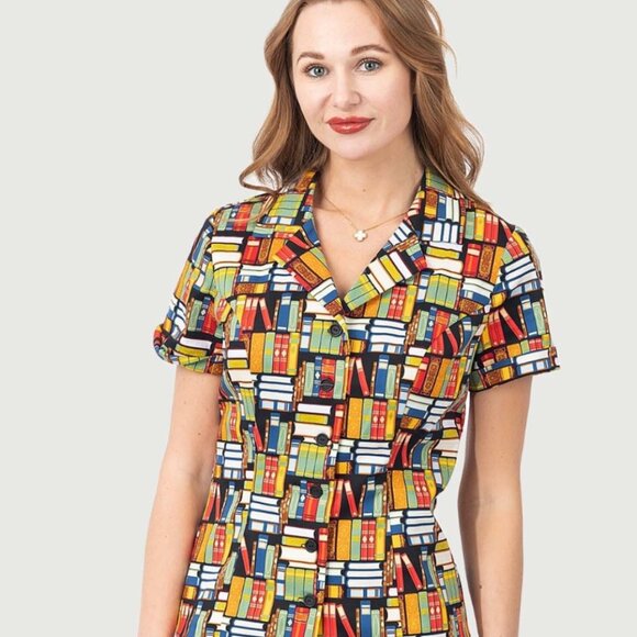 Fit & Flare Button Up Top in Book Print W/ Button & Short Sleeves - Picture 1 of 4